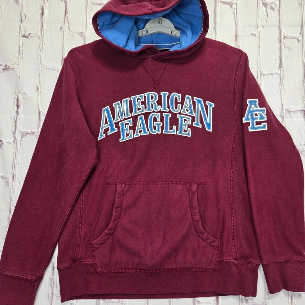 VTG Y2K American Eagle Hoodie Maroon Varsity Logo Cotton Fleece Pullover Mens M